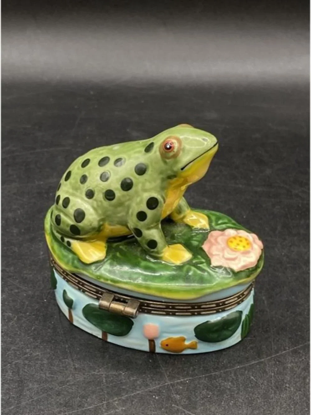 Frog Trinket Box Ceramic Spotted Frog on Lily Pad Oval Trinket Box